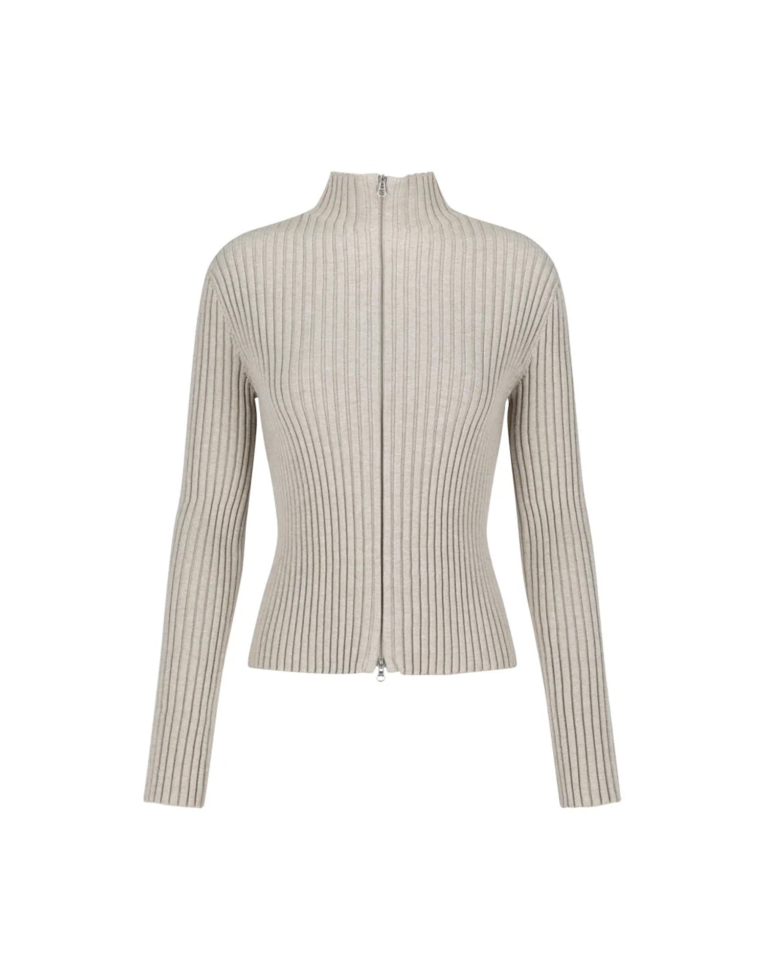 Ribbed High Neck Zip Up Beige