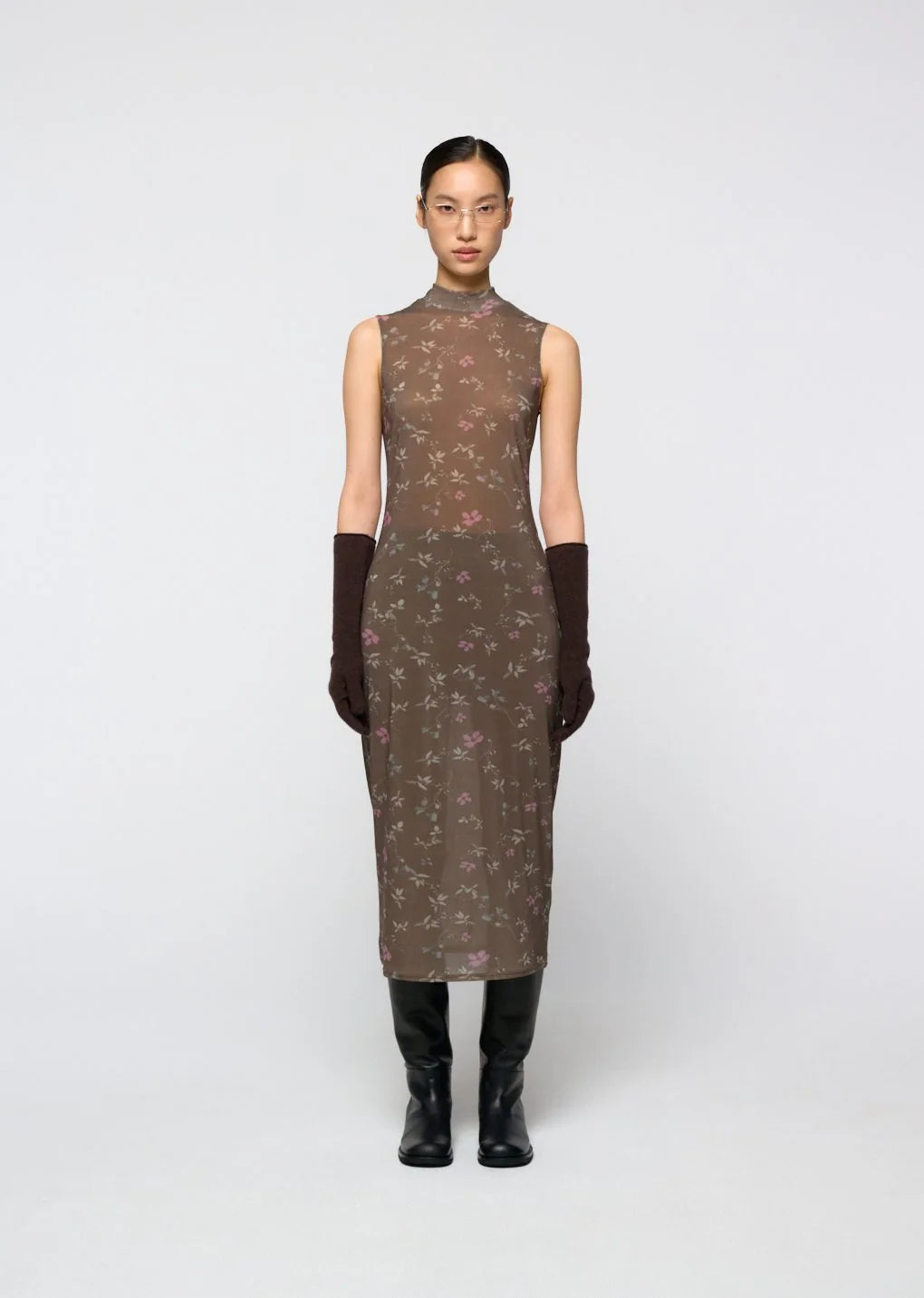 Floral Sleeveless Dress Brown