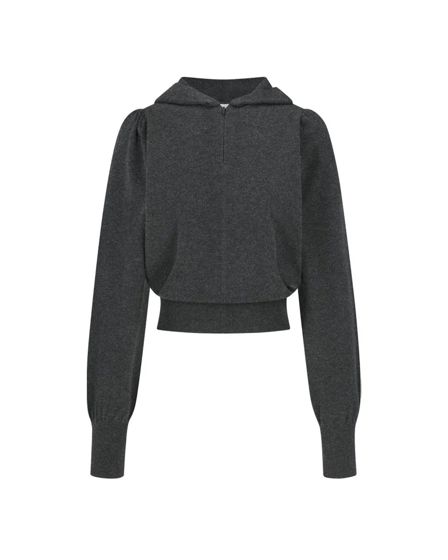 Shirring Half Zip Up Knit Hoodie Charcoal