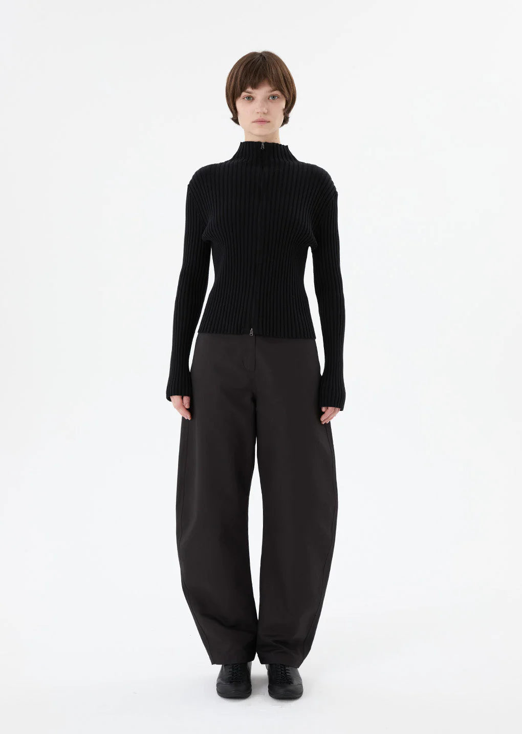 Ribbed High Neck Zip Up Black