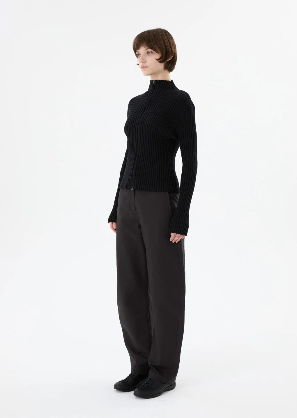 Ribbed High Neck Zip Up Black
