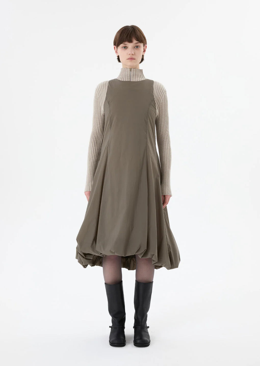 Ribbed High Neck Zip Up Beige