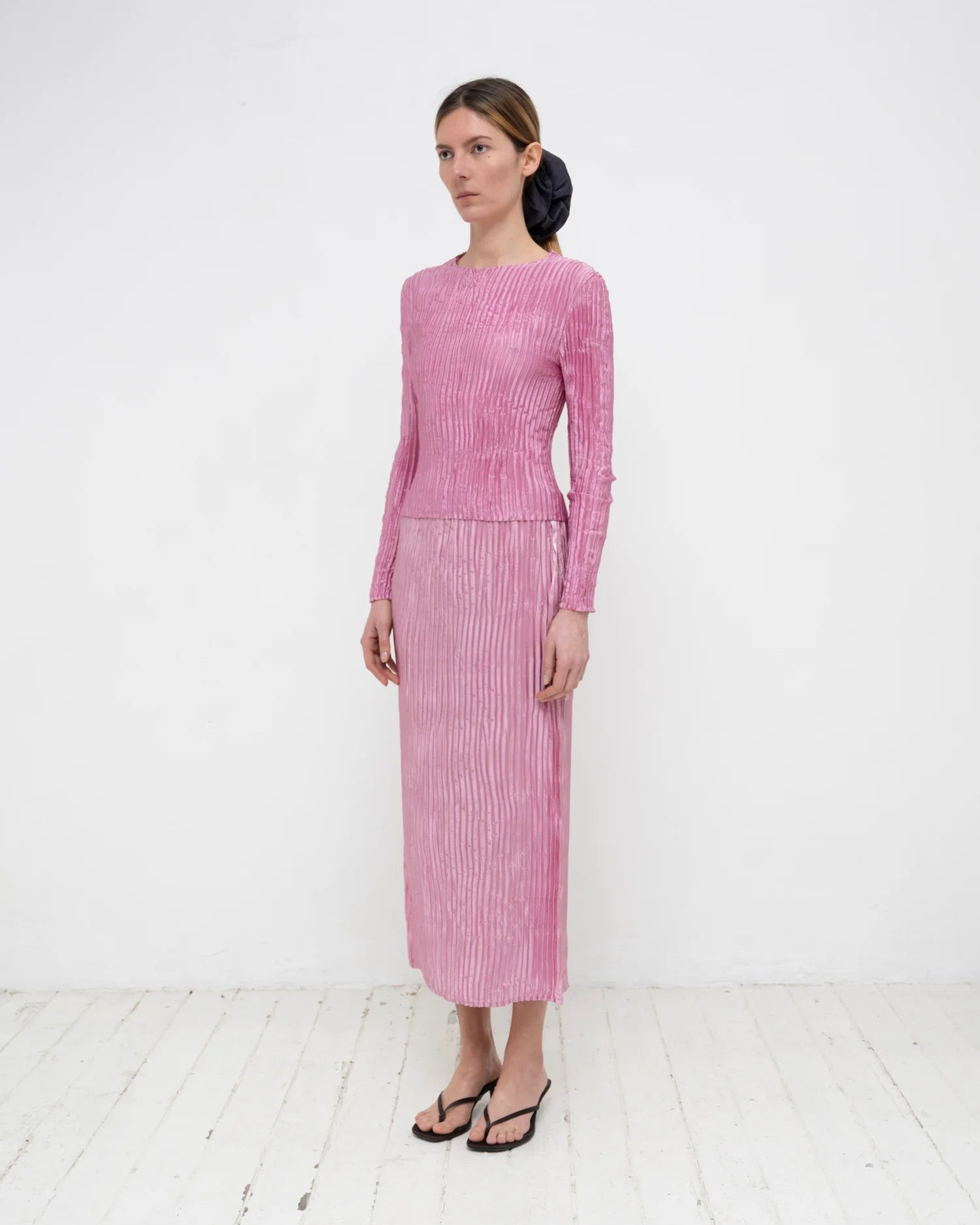 Plissé Satin Silk Long Sleeve Grey-Pink