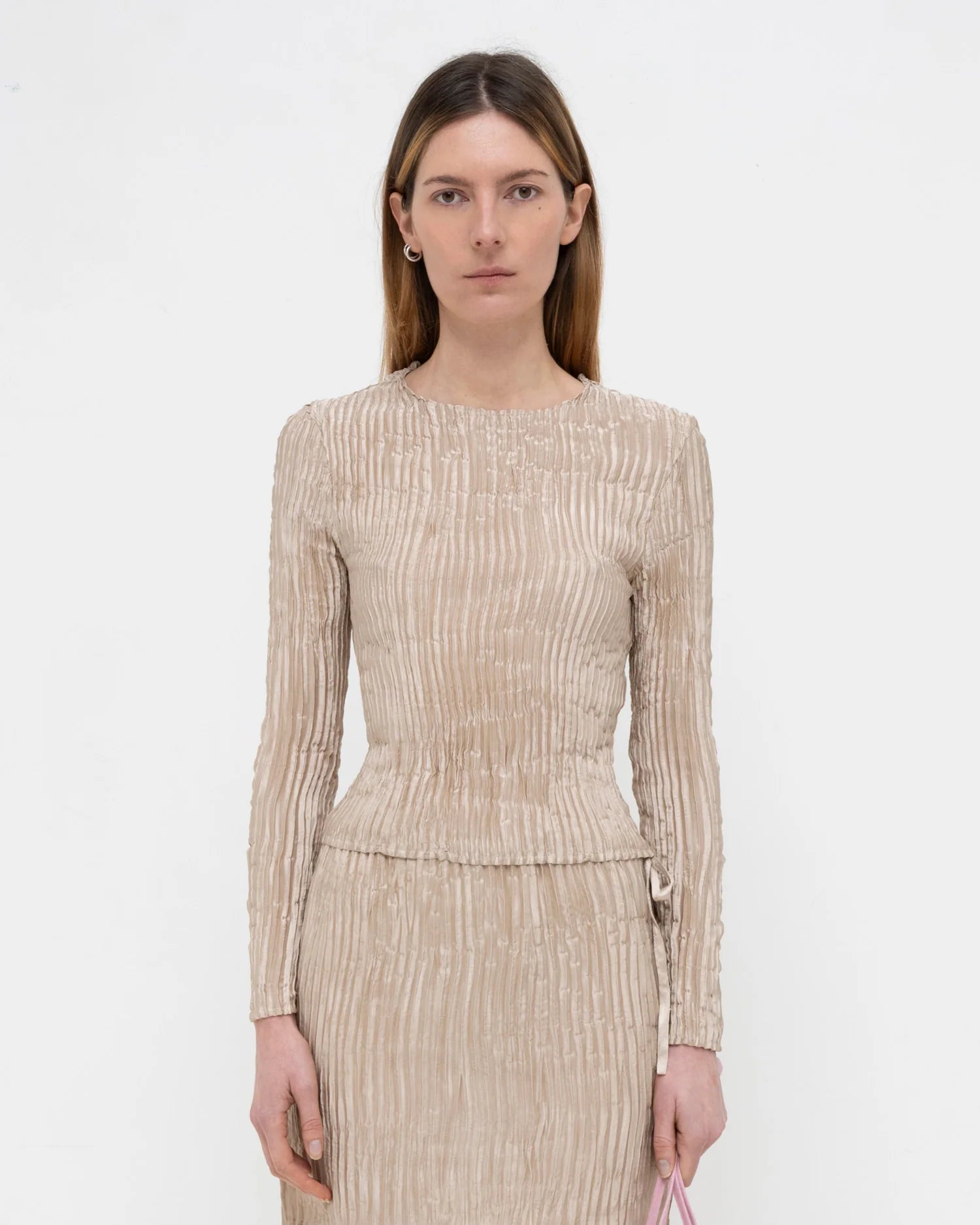 Plissé Satin Silk Long Sleeve Stone